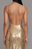 Gold Sequin Spaghetti Straps Midi Wedding Guest Dress