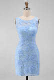 Blue Appliqued Illusion Neck Bodycon Mini Dress