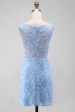 Blue Appliqued Illusion Neck Bodycon Mini Dress