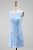 Blue Appliqued Illusion Neck Bodycon Mini Dress