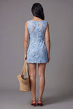 Blue Appliqued Illusion Neck Bodycon Mini Dress