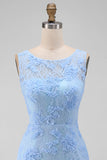 Blue Appliqued Illusion Neck Bodycon Mini Dress