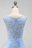 Blue Appliqued Illusion Neck Bodycon Mini Dress