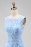 Blue Appliqued Illusion Neck Bodycon Mini Dress
