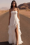 Strapless Ruffled Ivory A Line Maxi Wedding Dress with Slit
