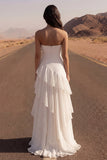 Strapless Ruffled Ivory A Line Maxi Wedding Dress with Slit