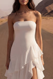 Strapless Ruffled Ivory A Line Maxi Wedding Dress with Slit