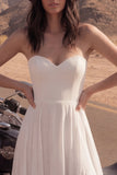 Simple Ivory A Line Strapless Maxi Wedding Dress with Slit