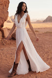 Ivory Ruffled V Neck A Line Wedding Dress with Slit