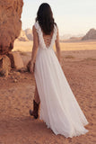 Ivory Ruffled V Neck A Line Wedding Dress with Slit