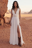 Ivory Ruffled V Neck A Line Wedding Dress with Slit