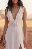 Ivory Ruffled V Neck A Line Wedding Dress with Slit