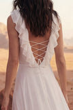 Ivory Ruffled V Neck A Line Wedding Dress with Slit