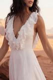 Ivory Ruffled V Neck A Line Wedding Dress with Slit