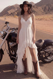 High Low Ruffled A Line Ruched Ivory Wedding Dress