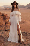 Off the Shoulder Ivory Ruffled A Line Long Sleeve Wedding Dress with Slit