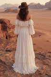 Off the Shoulder Ivory Ruffled A Line Long Sleeve Wedding Dress with Slit