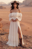 Off the Shoulder Ivory Ruffled A Line Long Sleeve Wedding Dress with Slit