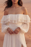 Off the Shoulder Ivory Ruffled A Line Long Sleeve Wedding Dress with Slit