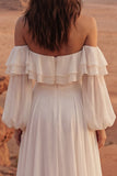 Off the Shoulder Ivory Ruffled A Line Long Sleeve Wedding Dress with Slit