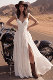 Ivory A Line Ruffled Long Wedding Dress with Slit