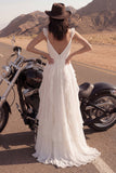 Ivory A Line Ruffled Long Wedding Dress with Slit
