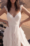 Ivory A Line Ruffled Long Wedding Dress with Slit
