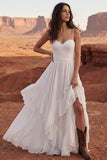 Ivory A Line Spaghetti Straps Slit Wedding Dress with Ruffles