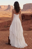 Ivory A Line Spaghetti Straps Slit Wedding Dress with Ruffles