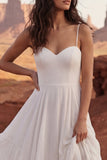 Ivory A Line Spaghetti Straps Slit Wedding Dress with Ruffles