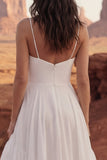 Ivory A Line Spaghetti Straps Slit Wedding Dress with Ruffles