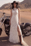 Boho Ivory Halter A Line Lace Wedding Dress with Slit