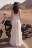 Boho Ivory Halter A Line Lace Wedding Dress with Slit