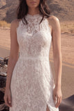 Boho Ivory Halter A Line Lace Wedding Dress with Slit
