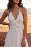 Halter Ivory A Line Ruffled Long Wedding Dress with Slit