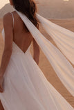 Simple A Line Ivory Backless Long Wedding Dress with Slit