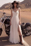 Ivory A Line Lace Ruffled Long Wedding Dress with Slit