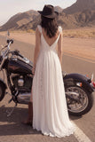 Ivory A Line Lace Ruffled Long Wedding Dress with Slit