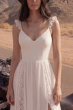 Ivory A Line Lace Ruffled Long Wedding Dress with Slit