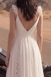 Ivory A Line Lace Ruffled Long Wedding Dress with Slit