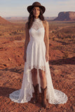 Lace Ivory High Neck A Line High Low Boho Wedding Dress