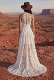 Lace Ivory High Neck A Line High Low Boho Wedding Dress
