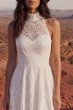 Lace Ivory High Neck A Line High Low Boho Wedding Dress