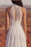 Lace Ivory High Neck A Line High Low Boho Wedding Dress