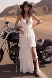 Ivory Pleated Tiered A Line Long Wedding Dress with Slit