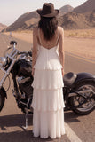 Ivory Pleated Tiered A Line Long Wedding Dress with Slit