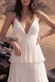Ivory Pleated Tiered A Line Long Wedding Dress with Slit