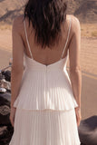 Ivory Pleated Tiered A Line Long Wedding Dress with Slit