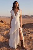 Ivory A Line Ruffled V Neck Maxi Wedding Dress with Flutter Sleeves