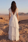 Ivory A Line Ruffled V Neck Maxi Wedding Dress with Flutter Sleeves